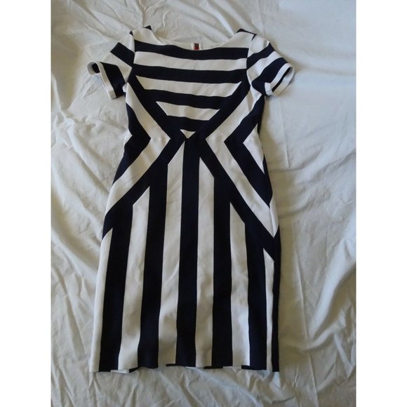ESLEY Women's White Navy Orange Striped Knit Fitted Dress Back Zipper Sz Small - Picture 4 of 7
